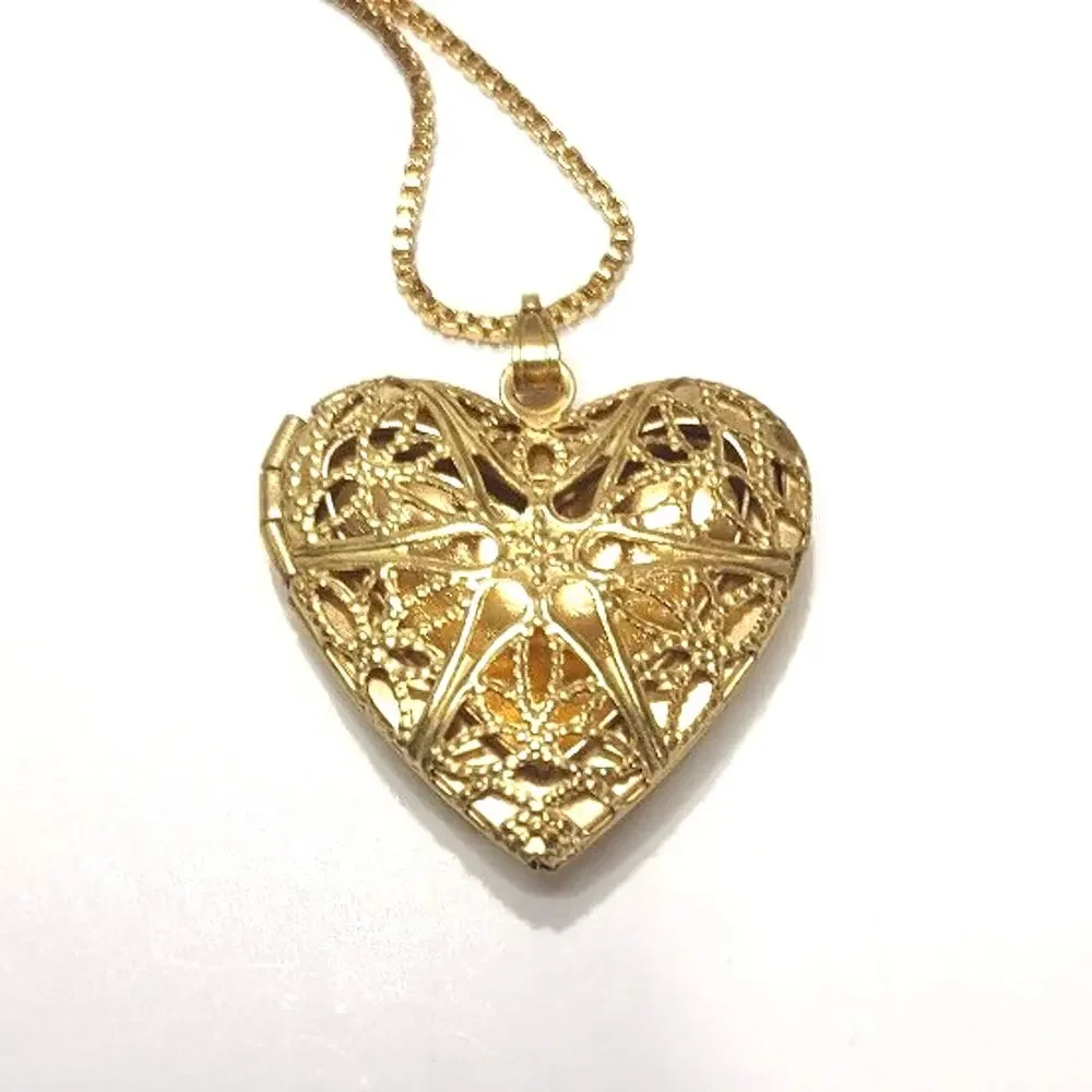 Gold Plated Silver Necklace Heart Locket Star Lattice Valentines Birthday Gift